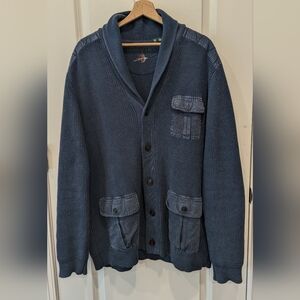 Orvis mens XL Hawker twill Blue Heavy Knit Shawl Collar Cardigan Sweater pockets